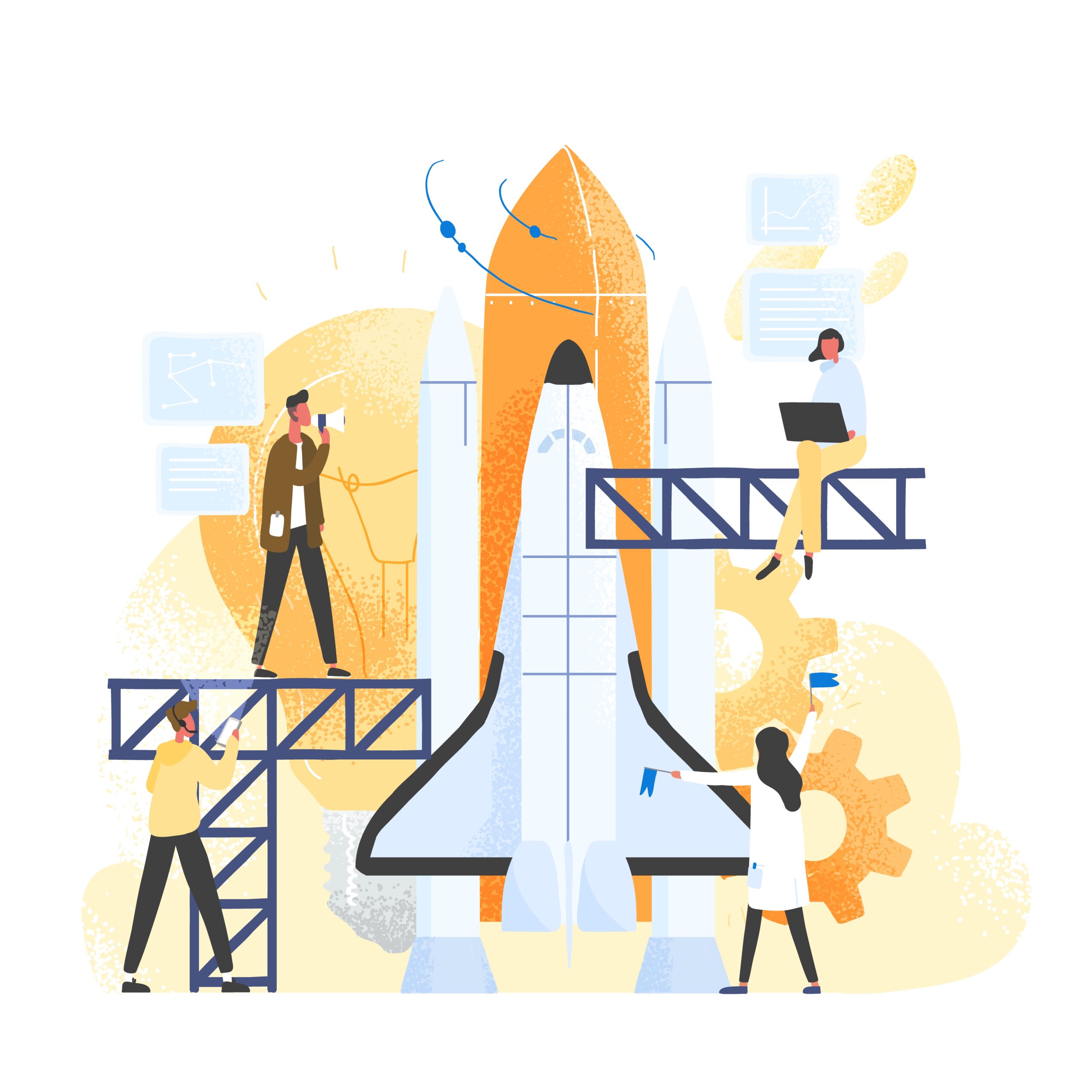 Group of people preparing spaceship, spacecraft, rocket or shuttle for space travel or mission. Clerks working together on startup company or business project launch. Modern flat vector illustration.